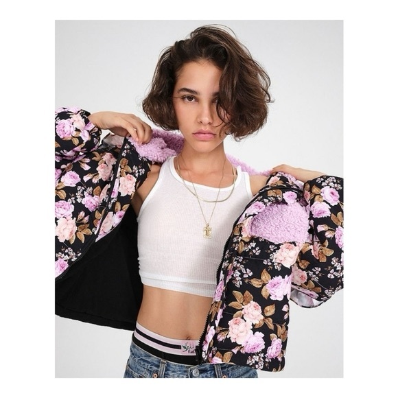 For Love and Lemons floral sherpa puffer hooded jacket - Picture 3 of 6